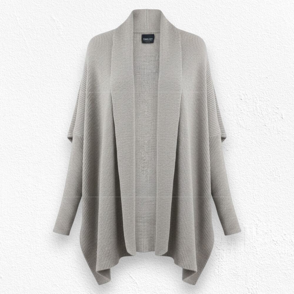 ZARA Knit Oversized Open Front Batwing Cardigan Beige Ribbed Sweater Size Medium